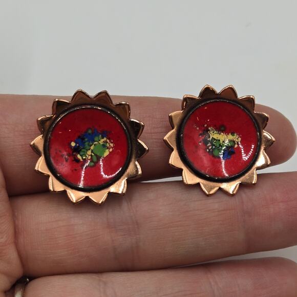 Vintage Matisse Enamel On Copper w/ Red Centers Clip On Earrings Mid Century - Picture 1 of 5